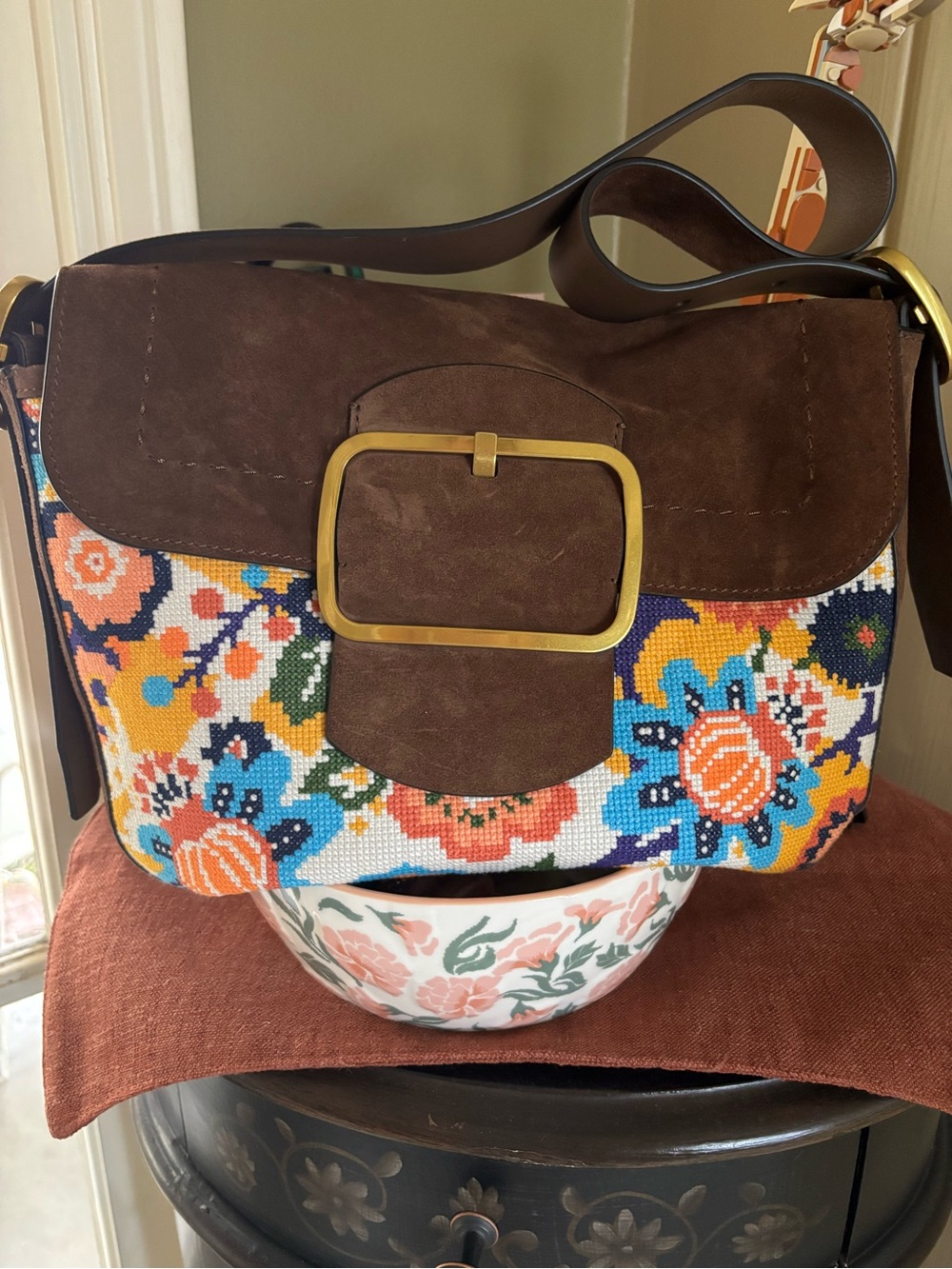 Tory Burch Sawyer Needlepoint Suede Shoulder Bag